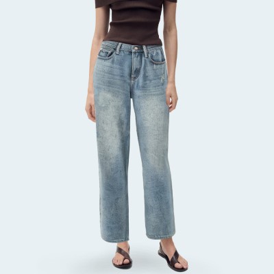 High-waisted light blue wide-leg women's denim trousers