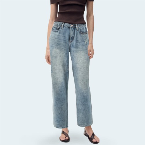 High-waisted light blue wide-leg women's denim trousers