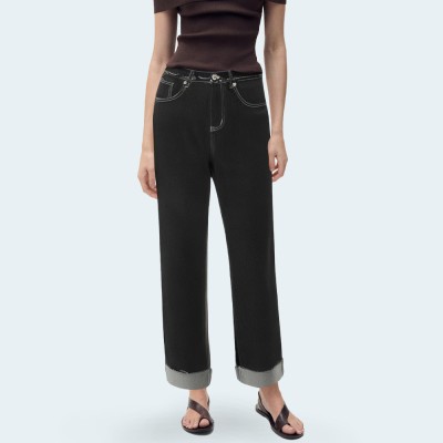 Black straight-leg rolled-hem women's denim trousers
