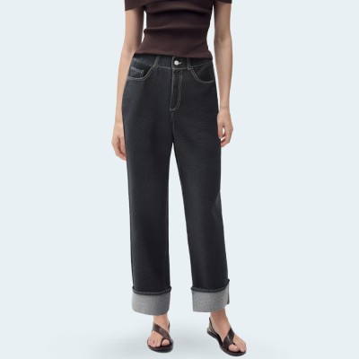 Dark blue curled loose denim trousers for women