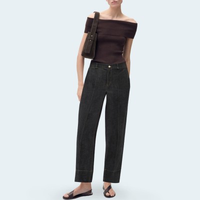 Casual black straight leg women's denim trousers