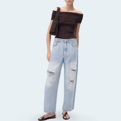 Women's ripped high-waisted loose denim trousers