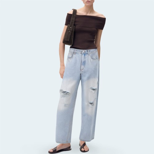 Women's ripped high-waisted loose denim trousers