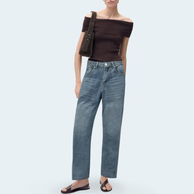 Washed faded low waist women's denim trousers
