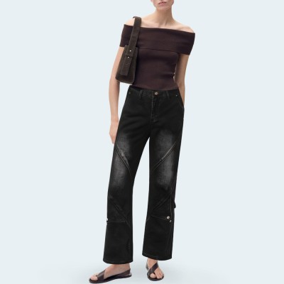 High quality washed women's flared denim trousers