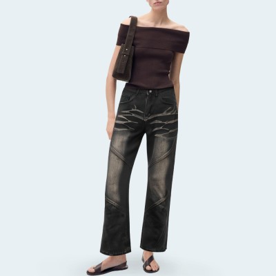Washed casual women's flared denim trousers