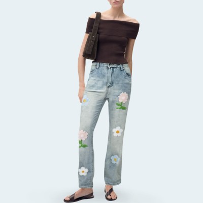 Women's embroidered floral straight-leg denim trousers