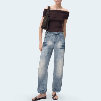 Retro washed straight leg women's denim trousers