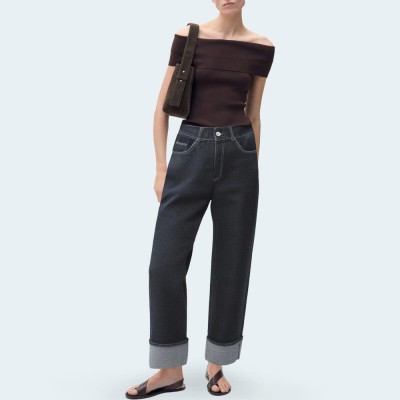 Dark blue curled loose denim trousers for women