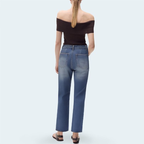 Washed faded mid-rise women's denim trousers