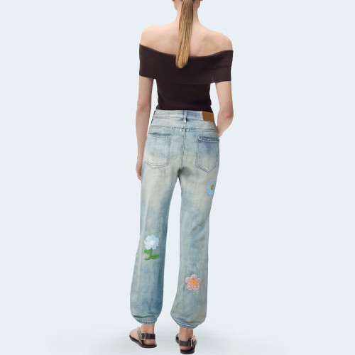 Women's embroidered floral straight-leg denim trousers