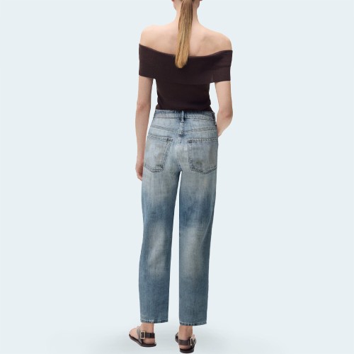 Women's washed ripped loose denim trousers