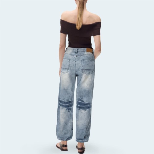 Retro washed straight leg women's denim trousers