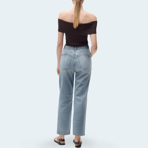 High-waisted light blue wide-leg women's denim trousers