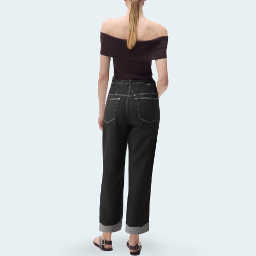 Black straight-leg rolled-hem women's denim trousers