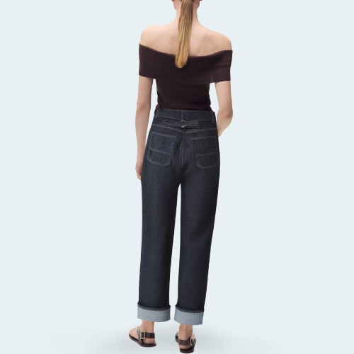 Dark blue curled loose denim trousers for women