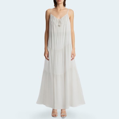 White elegant pleated spaghetti strap women's long dress
