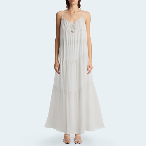 White elegant pleated spaghetti strap women's long dress