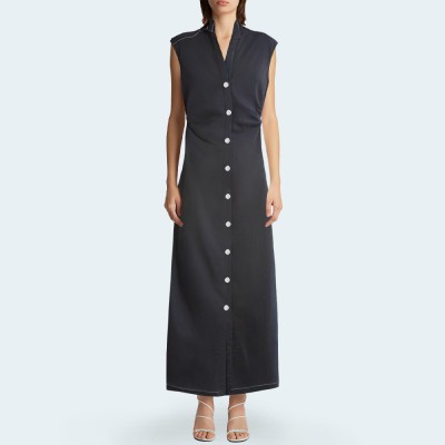 Vintage button sleeveless slim fit women's long dress