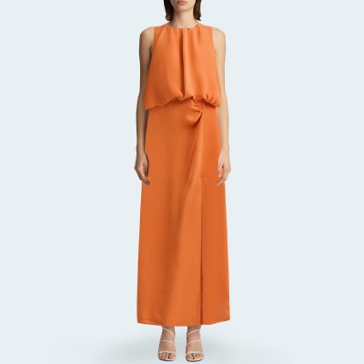 Fashionable pleated sleeveless high slit ladies long skirt