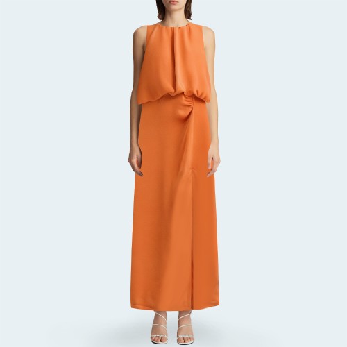 Fashionable pleated sleeveless high slit ladies long skirt