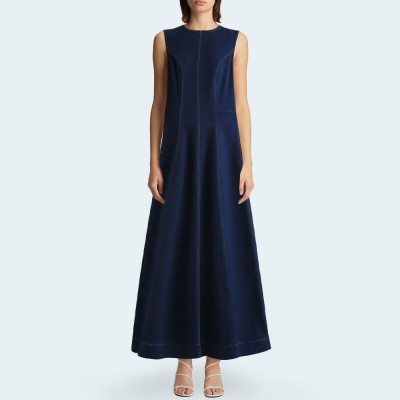 Retro round neck sleeveless women's denim long skirt