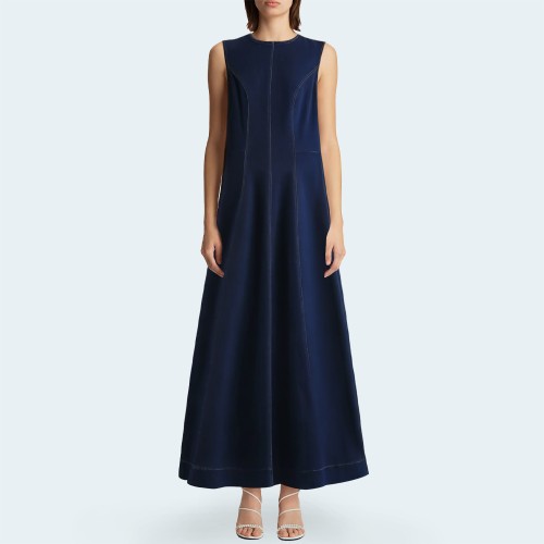 Retro round neck sleeveless women's denim long skirt