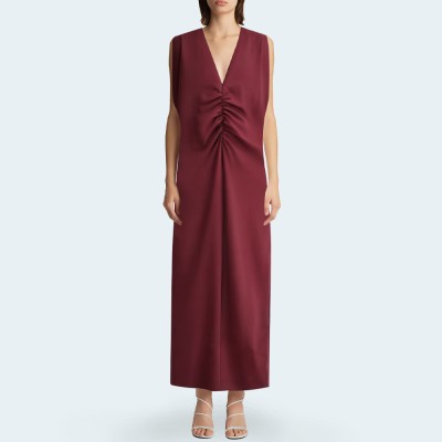 Fashion V-neck pleated sleeveless ladies long skirt