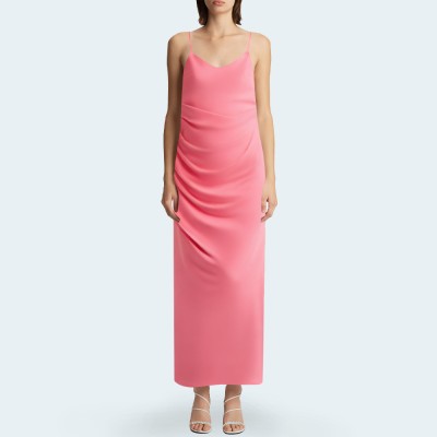 Pink pleated V-neck spaghetti strap women’s long dress