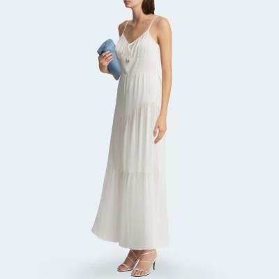 White elegant pleated spaghetti strap women's long dress