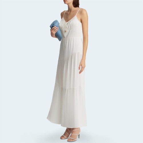 White elegant pleated spaghetti strap women's long dress
