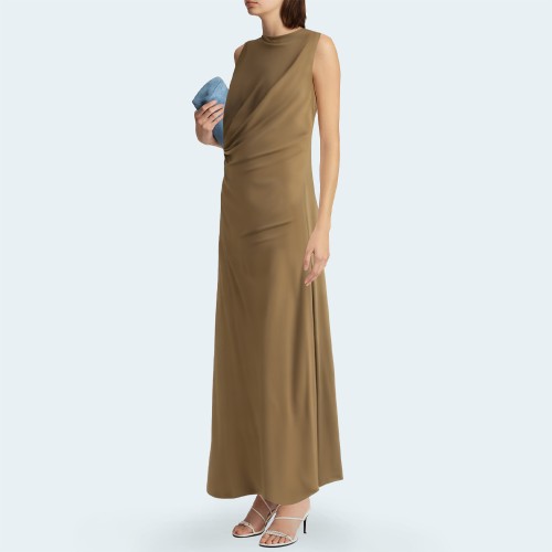 Pleated round neck slim fit women's long skirt