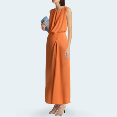 Fashionable pleated sleeveless high slit ladies long skirt