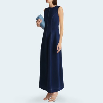 Retro round neck sleeveless women's denim long skirt