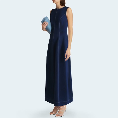 Retro round neck sleeveless women's denim long skirt