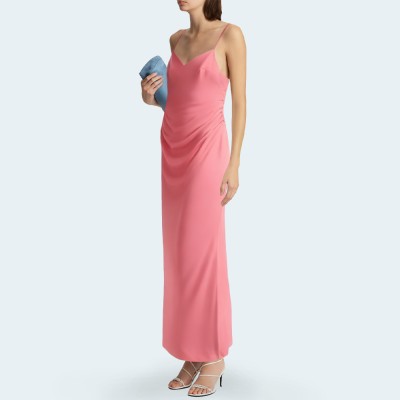 Pink pleated V-neck spaghetti strap women’s long dress