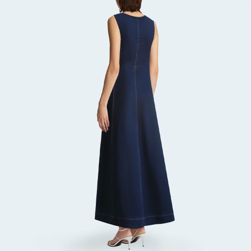 Retro round neck sleeveless women's denim long skirt