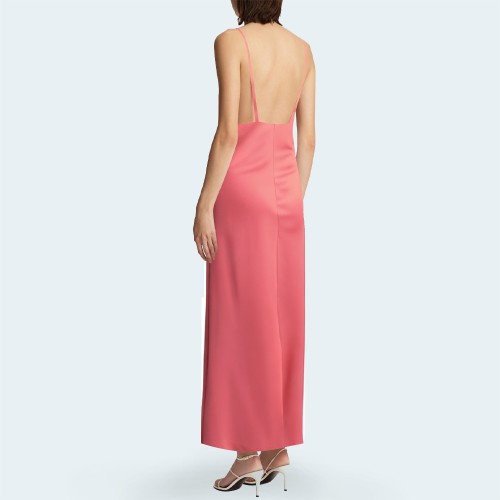 Pink pleated V-neck spaghetti strap women’s long dress