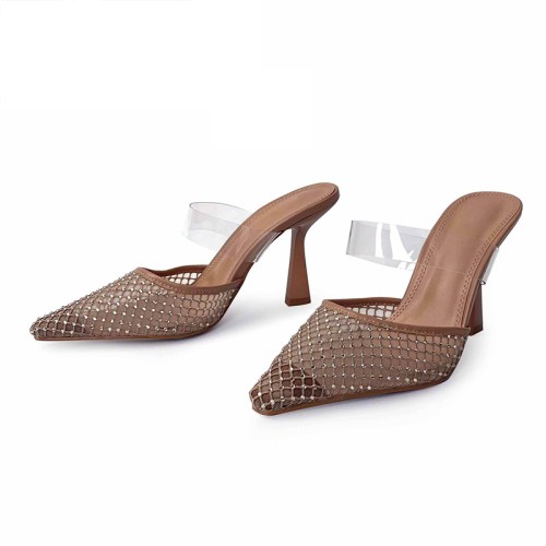 Brown mesh hollow high heel pointed slippers