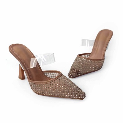 Brown mesh hollow high heel pointed slippers