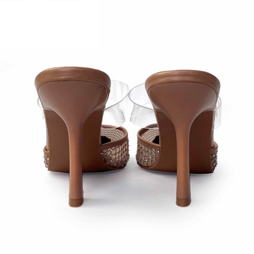 Brown mesh hollow high heel pointed slippers