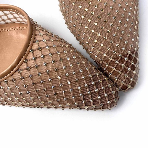 Brown mesh hollow high heel pointed slippers