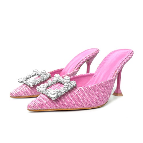 Pink rhinestone pearl high-heeled pointed slippers