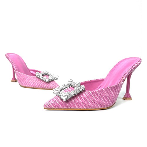 Pink rhinestone pearl high-heeled pointed slippers