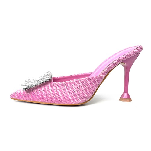 Pink rhinestone pearl high-heeled pointed slippers