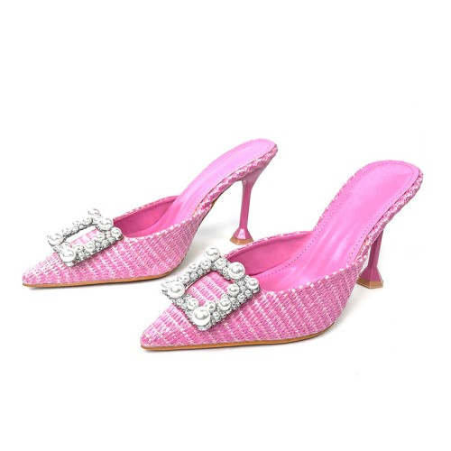Pink rhinestone pearl high-heeled pointed slippers