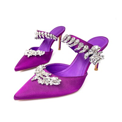 Stylish rhinestone-embellished high-heeled pointed-toe slippers