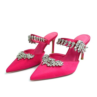 Stylish rhinestone-embellished high-heeled pointed-toe slippers