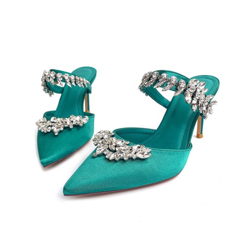 Stylish rhinestone-embellished high-heeled pointed-toe slippers