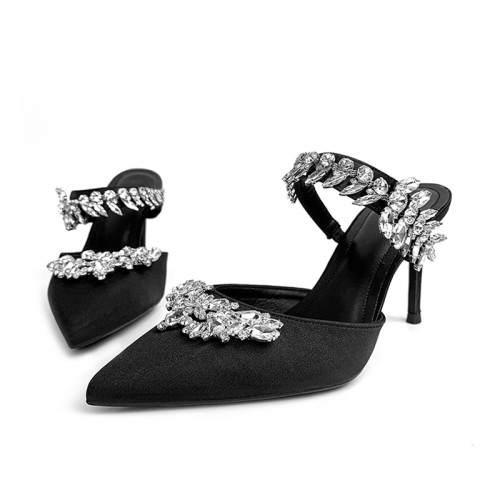 Stylish rhinestone-embellished high-heeled pointed-toe slippers
